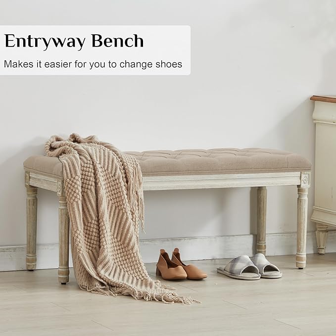 LOULENS 43.9" Linen Fabric End of Bed Bench, Vintage French Upholstered Button Tufted Entry Bench, Window Seat with Carved Wood Legs for Bedroom, Living Room, Entryway, Foyer, Hallway, Light Brown