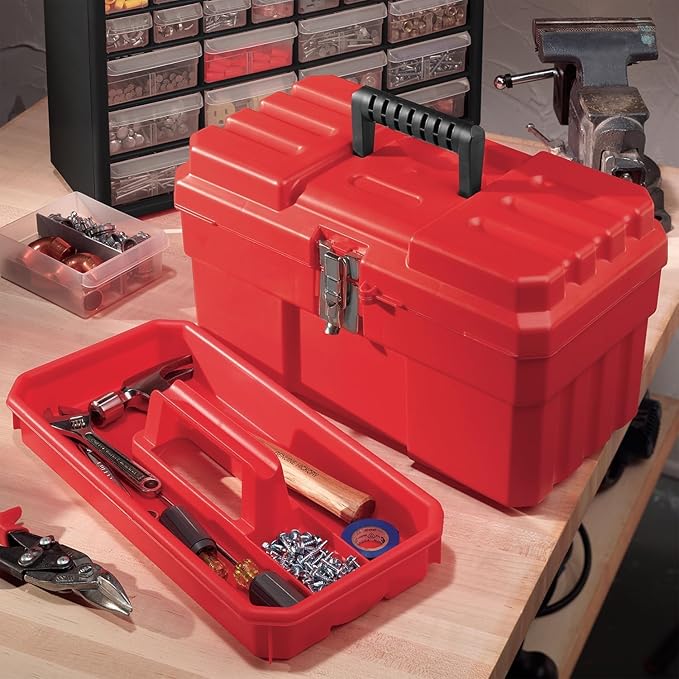 Akro-Mils 09514 ProBox Plastic Toolbox with Removable Tray for Tools, Hobby or Craft Storage, 14-Inch x 8-Inch x 8-Inch, Red