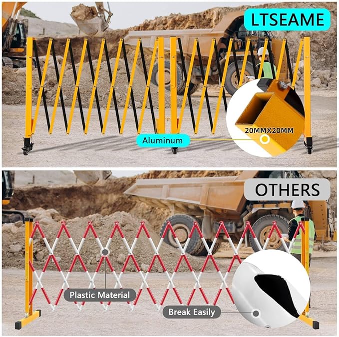 16FT Industrial Expandable Barricade Folding Security Gate with Wheels,Retractable Driveway Gate with Aluminum Fence and 270 Degrees Direction Adjustment(Yellow, 16FT)