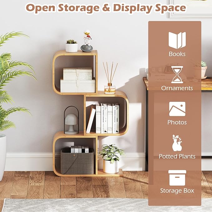 Giantex S-Shaped Bookcase, 3-Tier Bamboo Bookshelf with 3 Open Cubes, Geometric Corner Display Shelf, Decorative Storage Organizer, Floor Storage Rack for Living Room, Home Office, Natural