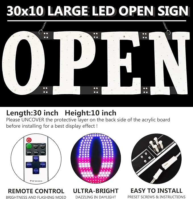 Open Signs for Business,30x10 inch USA Flag Open Sign Led for Window Wall Door w/Remote Control Bar Cafe Salon Barber Resturant Retail Store