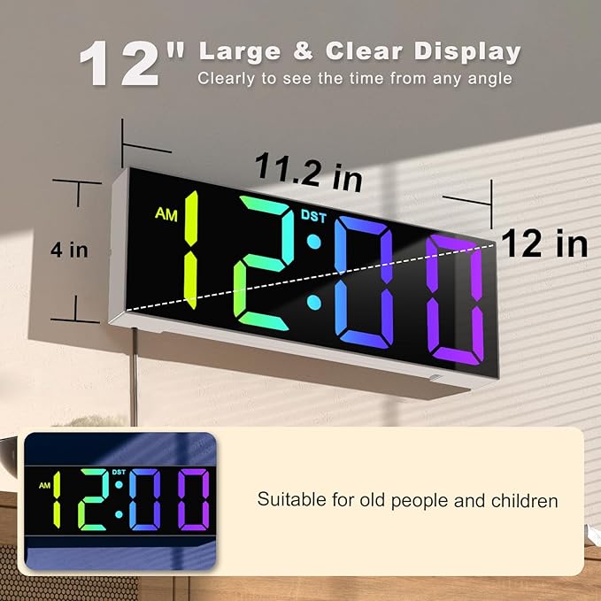 JALL 12'' Large Digital Wall Clock, Big LED Number Dispaly, RGB Colors, DST, Night Light for Classroom Living Room Bedroom Mounted Birthday Xmas Gift for Senior, Mem Womem (A White Shell, 12 inches)