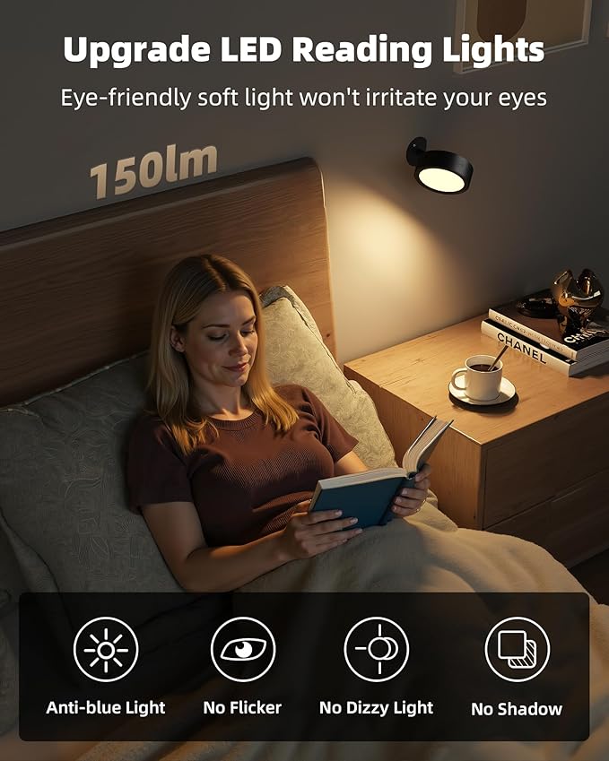 EZVALO LED Wall Mounted Lights, 5500mAh Rechargeable Wall Sconces Lamp, 3 Color Temps & Remote and Touch Control, 360°Rotation Dimmable Cordless Wall Light for Bedroom Reading Study Bedside (3 Pack)