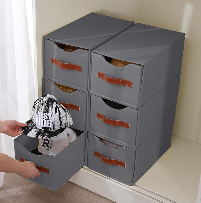 4 Pack Stackable Storage Drawers, Fabric Closet Organizers and Storage with Handles and Clear Window, Pull-Out Clothes Storage Bins with Drawer for Closet, Bedroom, Living Room, Under Bed, Gray