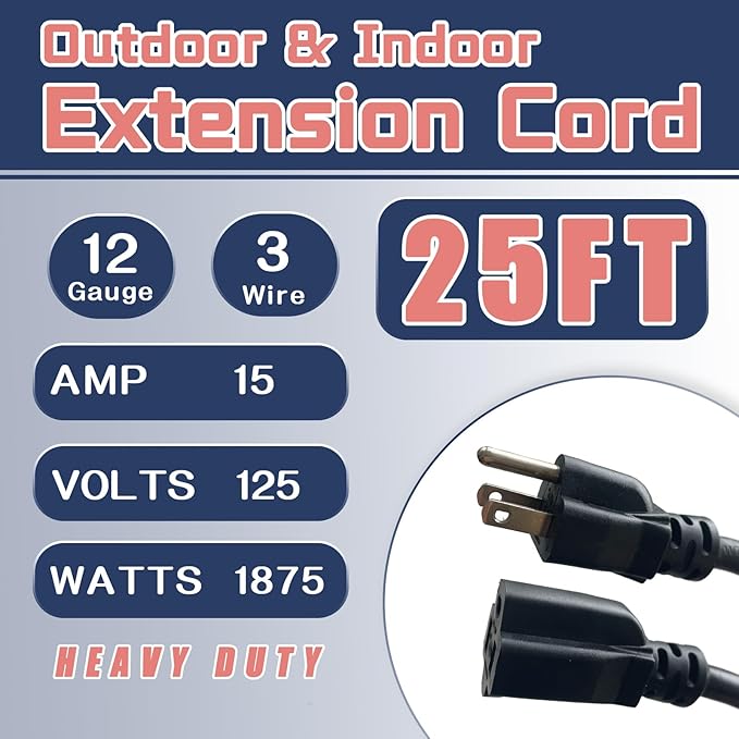 25 Ft Outdoor Extension Cord - 12/3 SJTW Heavy Duty Black Extension Cable with 3 Prong Grounded Plug - Power Cord for Lawn, Garden, Appliances