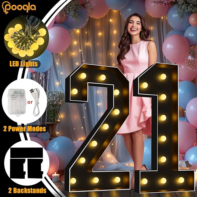 Pooqla 4 FT Light Up Marquee Numbers, Black Marquee Number Lights 4 Feet Tall for 3rd 13th 30th Birthday, Giant Letter Big Mosaic Numbers for Balloons Party Anniversary Wedding Decorations, Number 3