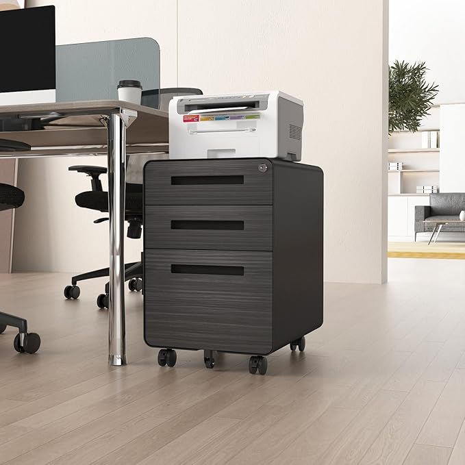 3 Drawer Mobile File Cabinet with Lock, Under Desk Metal Filing Cabinet for Home Office, Assembled Removable Under Desk Storage with Wheels for A4-Size/Letter-Size/Legal-Size (Light Gray)