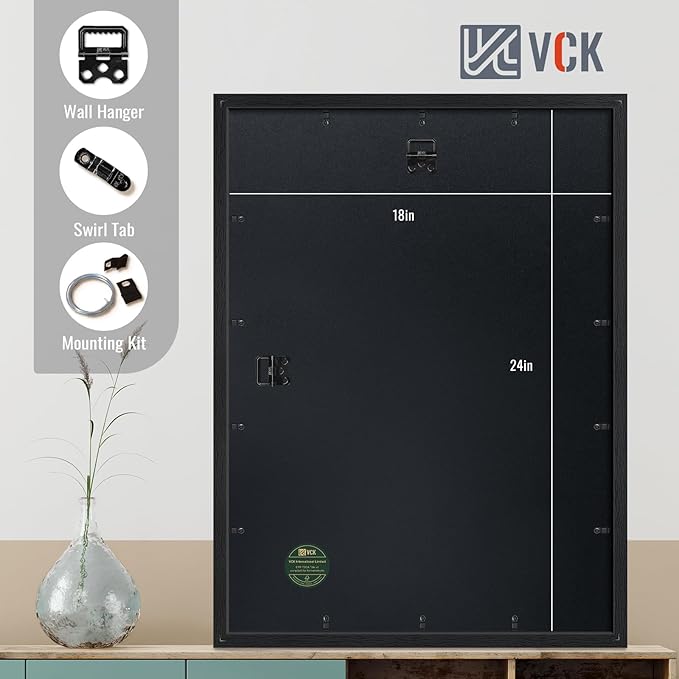 VCK 18x24 Frame 2 Pack, Solid Wood Poster Frame Black, Display Picture 16x20 with Mat or 18x24 without Mat, Horizontal and Vertical Formats with Included Hanging Hardware