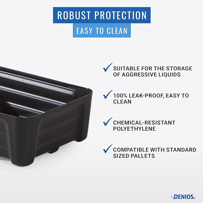 Denios Spill Containment Tray- 7.9 Gallon Spill Tray Capacity - Without Grate- 23.3""X15.8""X7.1 in (Small), Black