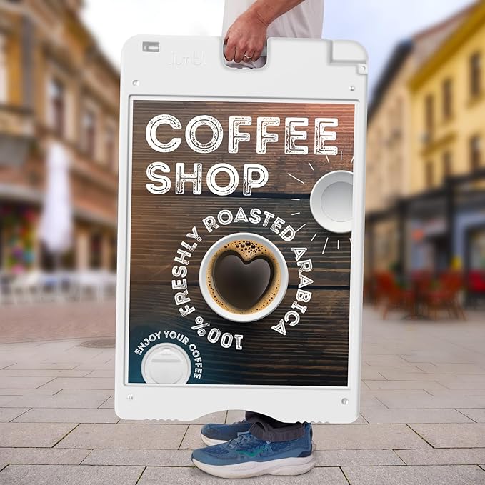 Jumbl A-Frame Signboard 22” x 28” Display Surface – Large Outdoor Sandwich Board w/Weather Resistant PVC Sign Protector & Sand Fill Holes – Dual Signage Stand for Storefront Sidewalk Curb (White)