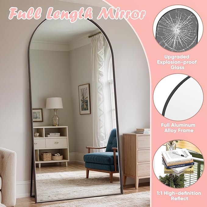 Full Length Mirror, 78" x 38" Arched Full Body Mirror Large Standing Floor Mirrors, Mirrors for Bedroom, Bathroom, Living Room Standing or Wall Leaning, Black