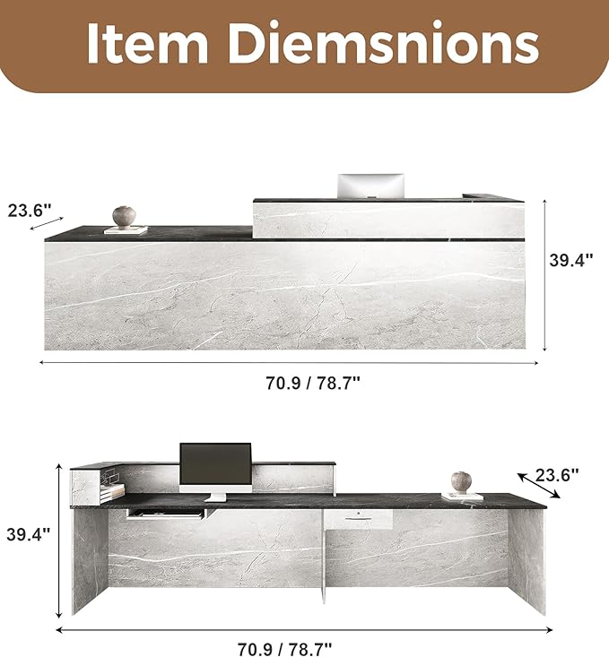 Modern L-Shaped Reception Desk with Counter – 79" Front Desk Reception Room Table with Lockable Drawer & Keyboard Tray for Office, Salon, Lobby, Checkout (Gray + Black, Left)