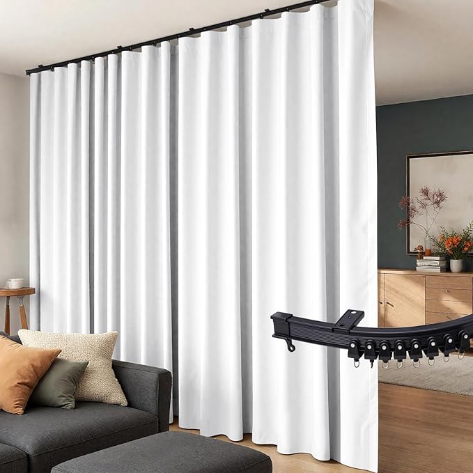 Room Divider Curtains Flexible Ceiling Tracks set Curtain track Ceiling Mount Blackout Curtain for Living Room Bedroom Ceiling Curtain Rod Privacy Divider Panel W15xH8FT GreyishWhite Drape&Black rail