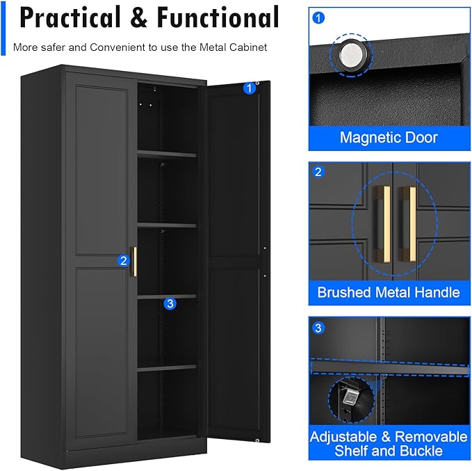 Pantry Cabinet, 71 Inch Tall Kitchen Storage Cabinet, Metal Pantry Cabinet with Doors and Adjustable Shelves, Black Food Cupboard, Freestanding Cabinet for Living&Dinning Room, Assembly Required
