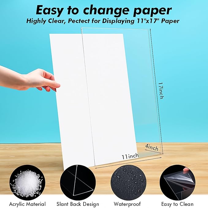 Qilery 4 Pcs 11 x 17 Inch Acrylic Sign Holder Clear Display Stand Frame Table Top Slant Back Plastic Sign Holder Flyer Document for Menu Workers Teachers Office School Desktop