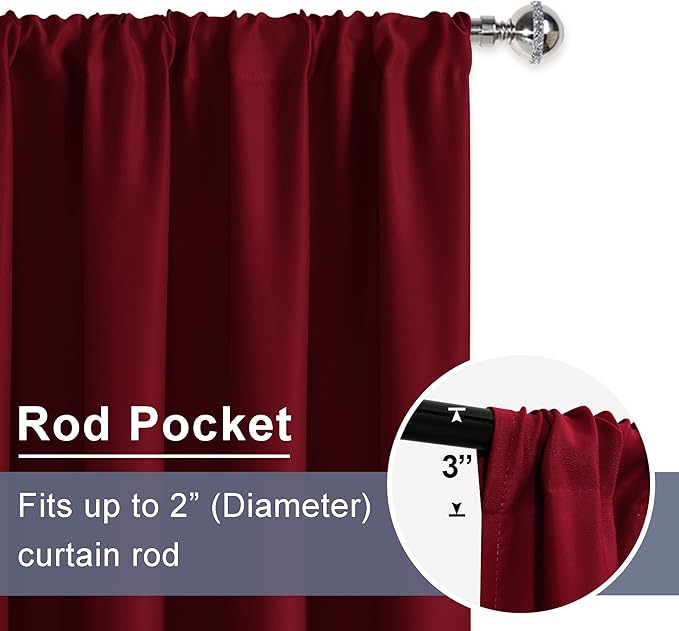 JIUZHEN Christmas Blackout Curtains for Bedroom - Thermal Insulated Room Darkening Noise Reducing, 52 x 54 Inch Length Curtains for Living Room, Set of 2 Panels with Tiebacks, Red