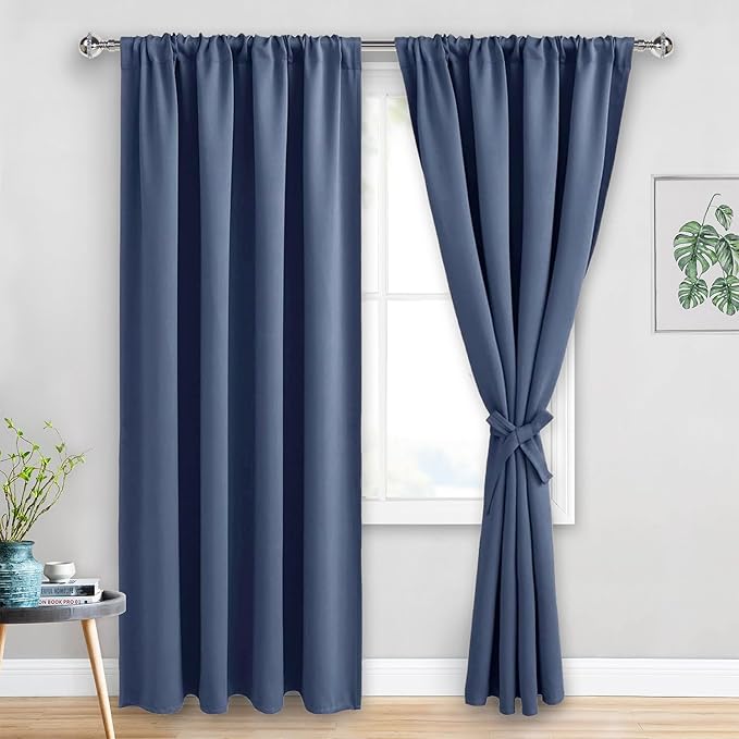 JIUZHEN Dusty Blue Blackout Curtains for Bedroom - Thermal Insulated Room Darkening Noise Reducing, 52 x 84 Inch Length Curtains for Living Room, Set of 2 Panels with Tiebacks, Dusty Blue