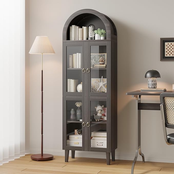 71” Tall Arched Pantry Cabinet with Glass Door, Display Cabinet Organizer, Versatile Pantry with Top-Opening Storage Container for Living, Kitchen Dining Room, Black
