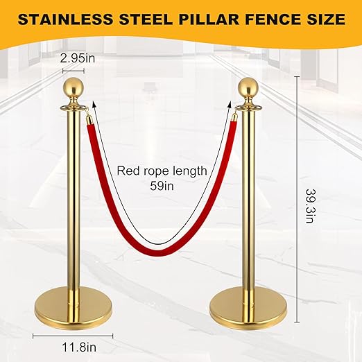 4Pack Stanchions and Velvet Ropes, 5 ft Red Velvet Rope and Poles, Red Carpet Ropes and Poles Set, Gold Stainless Steel Stanchion Posts Red Carpet Runner Poles for Party Supplies