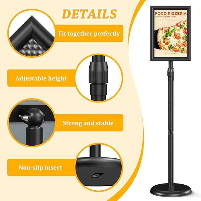 Sign Holder Sign Holder Stand Sign Stands for Display 8.5 x11 Inches Sign Stand Adjustable Standing Sign Holder 360° Rotating Signage Stand for Restaurant , Business, Supermarket Indoor Outdoor Display（Black）