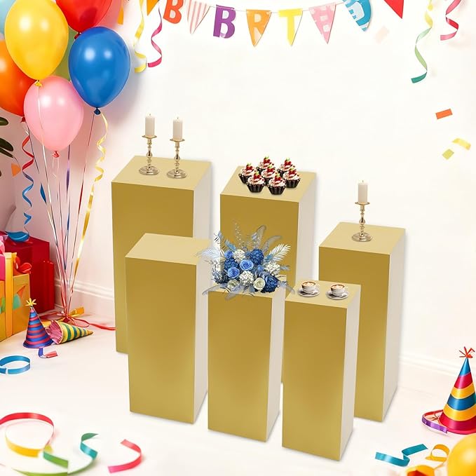 6Pcs Metal Pedestal Stand for Party, Large Gold Cake Stand, Pedestal Display Plinth Pillars for Wedding Ceremony Birthday Party Art Decor, Column Decorative Cube for Wedding Dessert Table Display
