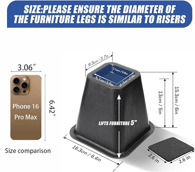 Bed Riser/Furniture Lift Bed/Bed risers/Furniture Lifter/Table risers/Frame Risers Create Under Bed Storage Heavy Duty for Furniture Height Adjustment (Black 9 Pack, 6 Inch)