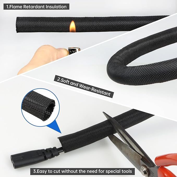 Split Braided Cable Sleeve，Flexible Wire Loom Tubing, Automotive Cord Protector Pet Proof, Cable Management for Computer TV Electric Wires Harness 16ft (Black, 10mm（3/8")