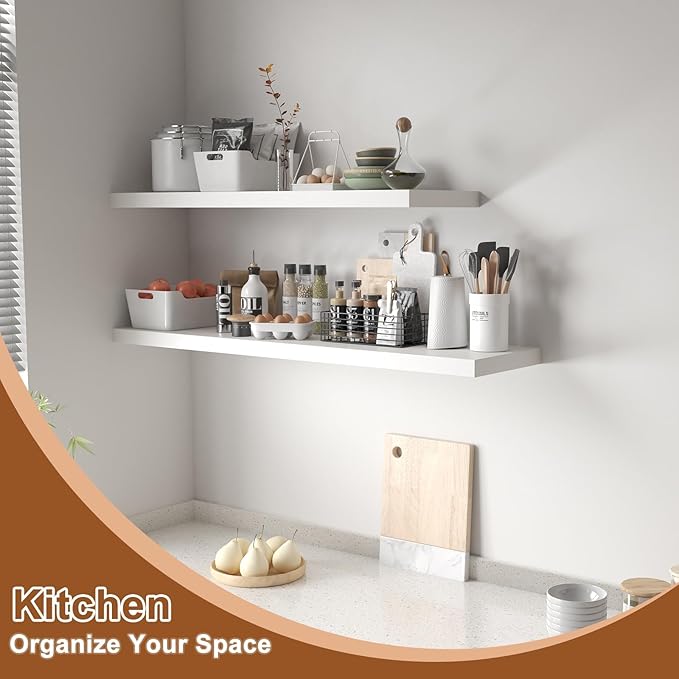 12 Inch Deep Floating Shelves for Wall 2 Pack Floating Shelfs Large Storage Space Wall Decor Display Shelf for Bathroom Living Room Bedroom Kitchen 48" W x 12" D x 1.2" H White