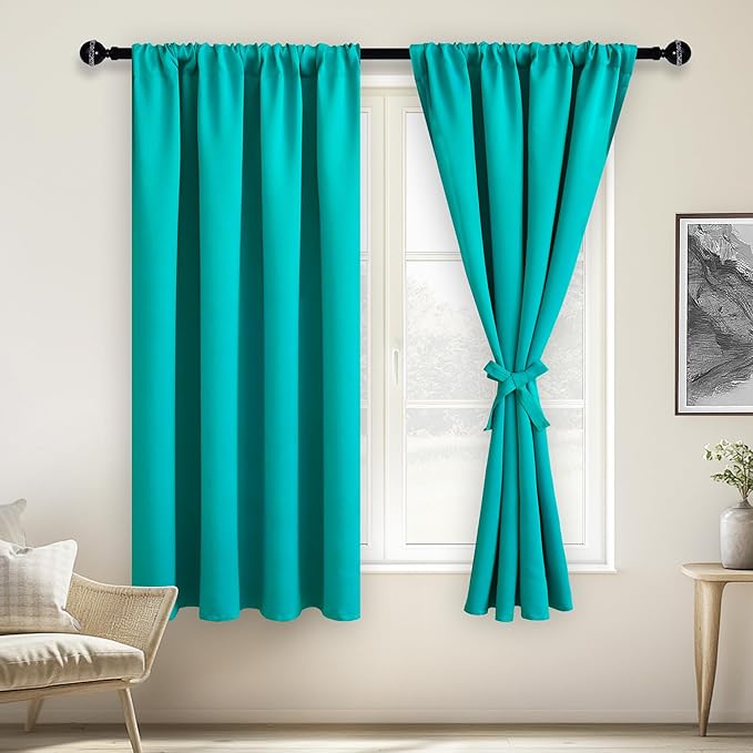 JIUZHEN Blackout Curtains for Bedroom– Thermal Insulated,Noise Reducing Room Darkening Privacy Drapes for Living Room, Set of 2 Panels with Tiebacks, 42 x 63 inch Long, Peacock Blue