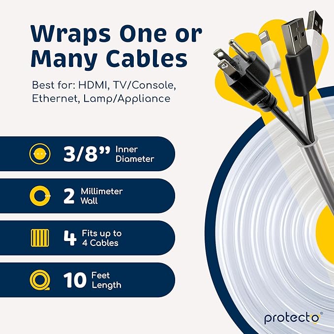 PROTECTO Heavy Duty Cord Protectors from Pets No Chew Solution, 10ft Easy to Use Dog & Cat Cord Protector, Clear & Odorless Critter Cord Covers for Pets, Power Audio & Video Wire Protector Tubing