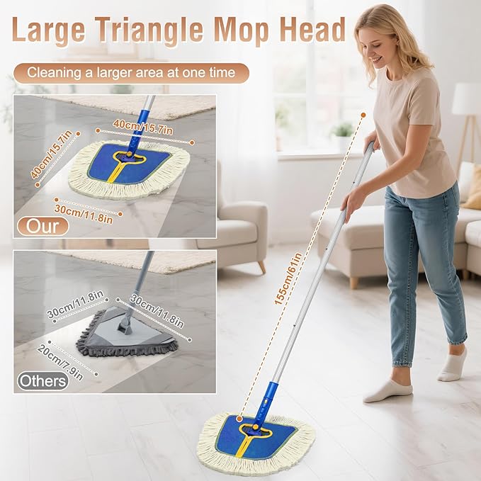 Commercial Dust Mop for Hardwood Floors Cleaning, Heavy Duty Industrial Dry Mop with Wedge Cotton Mop Pads for Walls Cleaner,Tile,Vinyl,Laminate, Floor Duster Broom for Home and Business Use