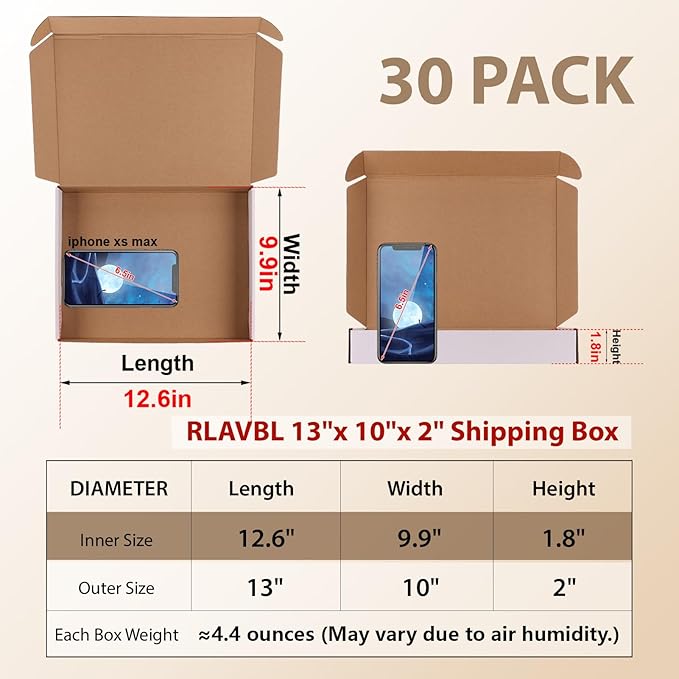 RLAVBL 30 Pack 13x10x2 Shipping Boxes, White Corrugated Cardboard Mailer Box for Packing Mailing Small Business