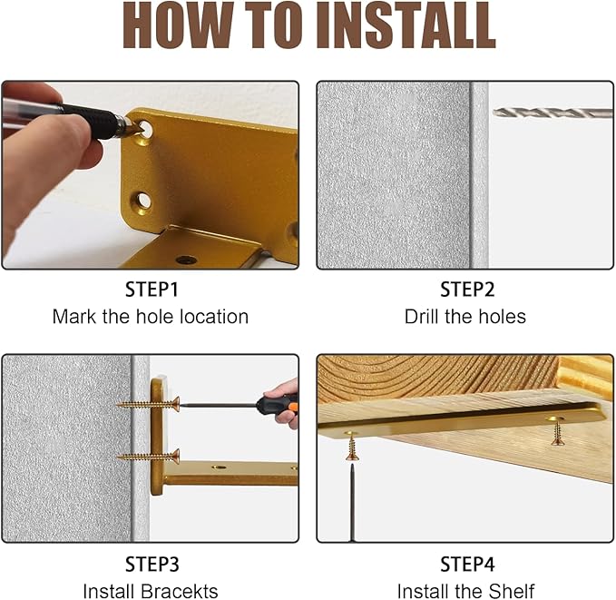 6 PCS Gold Iron Heavy Duty Brackets Without Lip, 4 Inch Supports DIY for Shelves Bracket with 5mm Thick, Industrial Modern Floating Shelf Support for Wall Mount Shelves