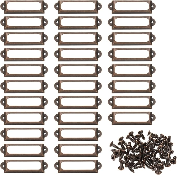 PATIKIL 60x17mm Metal Label Holders, 30 PCS Label Name Card Tag Frames with Screws for Office Library File Cabinets Shelves Wood Drawers Fabric Bins, Red Bronze