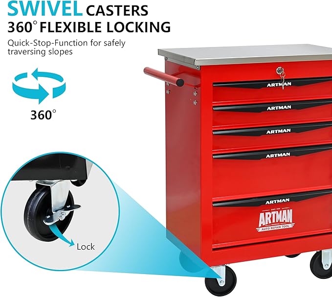 5 Drawers Tool Cart on Wheels with Stainless Steel Worktop, Heavy Duty Mobile Rolling Drawer Tool Chest with Locking Wheels & Lockable Drawers, Garage Tool Storage Cabinet (Red, 5 Drawers)