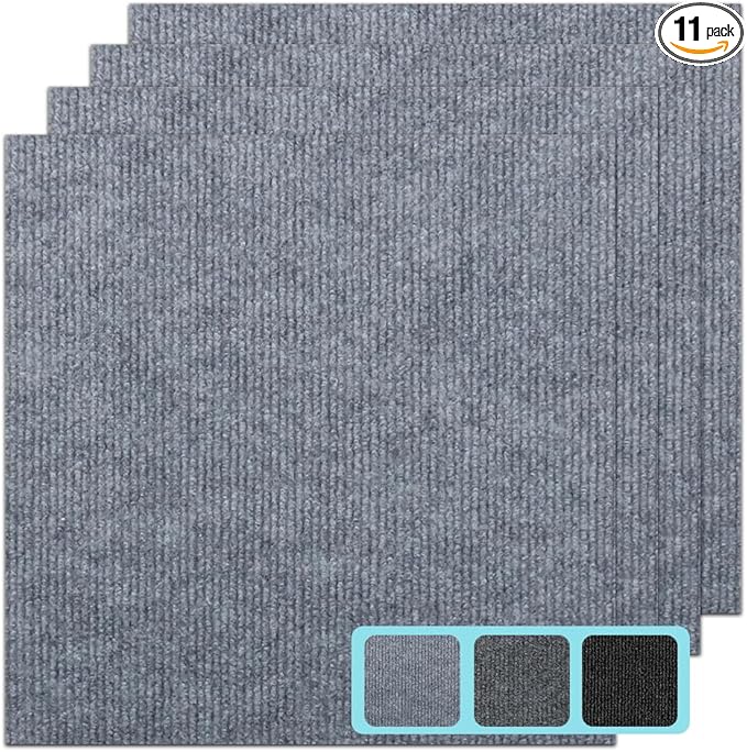 Carpet Tile 24” X 24” Self Adhesive Carpet Floor Tiles Anti-Slip Reusable Carpet Squares Peel and Stick Carpet Floor Tile Easy Install DIY for Bedroom Living Room (11, Light Gray)