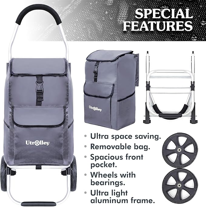 Ultra-Lightweight Gray Foldable Shopping Cart for Groceries Large 42L Capacity Rubber Wheels, Removable Insulated Bag Liner, Durable Aluminum Frame, Multi-Function Personal Hand Truck