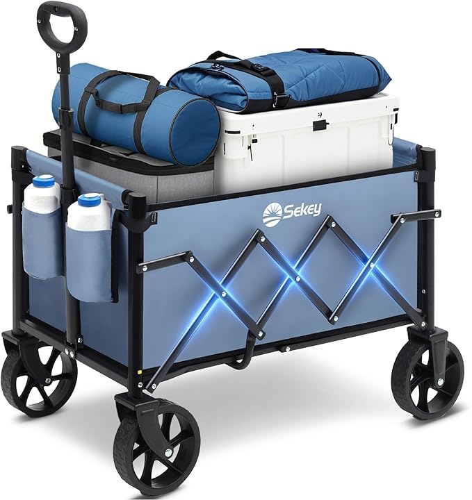 Sekey Wagon Cart with Wheels with 220LBS Capacity,Heavy Duty Wagon Carts Foldable with Drink Holders,Lightweight Utility Portable Cart for Grocery, Shopping, Garden, Camping. Blue