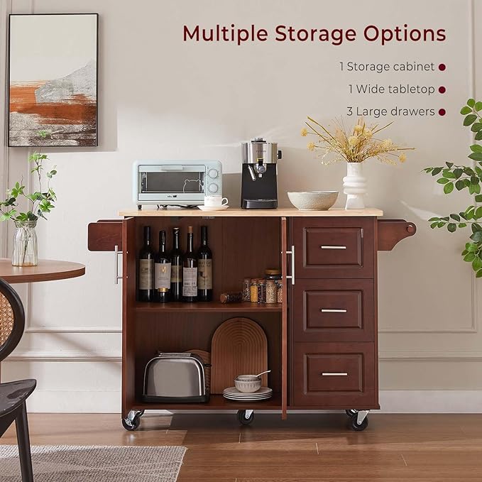 Lyromix Walnut 54" Rolling Kitchen Island Cart with Storage, Large Kitchen Cart with Folding Drop Leaf Breakfast Bar, Wood Island Table with 3 Drawers and Spice Rack & Towel Rack, Brown