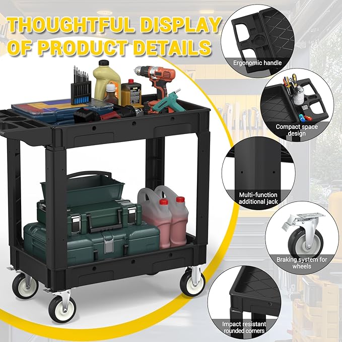 Heavy Service Utility Cart on Wheels,Tool Cart on Wheels, Service Cart for Garage, Warehouse, Workshop, Office, Cleaning (Black-40.6 inch)