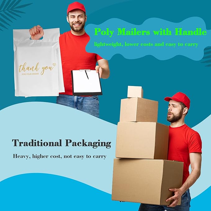 JinRuiKJ Poly Mailers with Handle 10x13 Inch 25 Pcs, Easy to Carry Packaging Bags for Small Business, Thank You Shipping Bags with Self Adhesive Strip, Tearproof and Waterproof - White