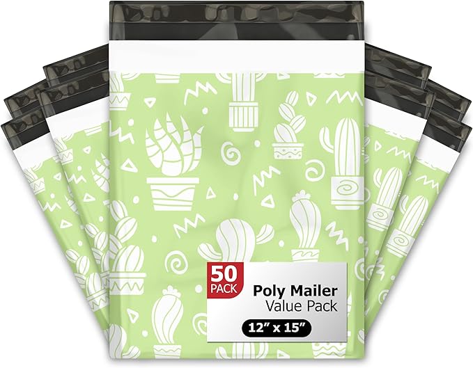 12x15 (50) Green Cactus Designer Poly Mailers Waterproof Self Sealing Tear Resistant Polymailers Shipping Envelopes Premium Printed Bags For Small Businesses
