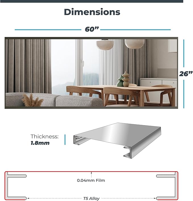 Glassless Large Mirror Shatterproof Unbreakable Wall Mirror for Gym, Dance Studio, Home Workout Room – 0.04mm Nano Film – Black 26" x 60"