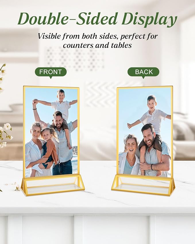 24 Pack 5x7 Gold Acrylic Sign Holders, Double Sided Picture Frame Stands, Clear Table Menu Holder Display Stand for Wedding Table Numbers, Restaurant Signs, Party, Office Photos