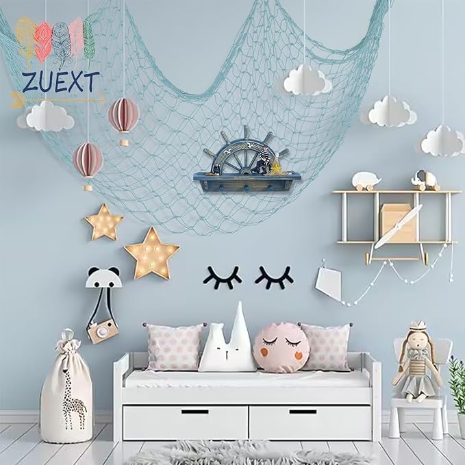 ZUEXT Fish Netting Decoration Light Blue 80x40 Inch, 2 Pack Large Picture Fish Net,Wall Photo Hanging Fishnet for Nautical Mermaid Pirate Ocean Theme Hawaii Beach Under The Sea Party Decoration