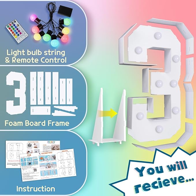 imprsv 3FT Colorful Marquee Numbers,18 Colors with Remote, Light Up Numbers 3 for 3rd 30th Birthday Decorations Anniversary Party Decor, Pre-Cut Foam Board Kit, Mosaic Sign for Balloon