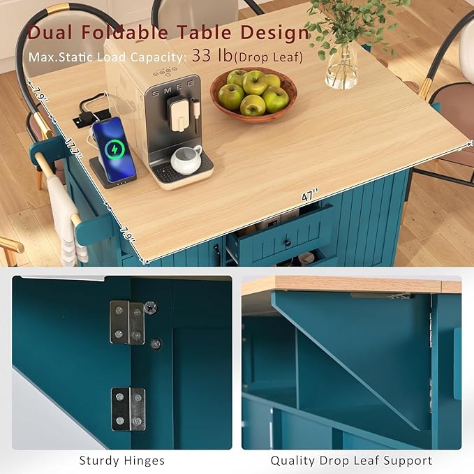 Kitchen Island with 2 Drop Leaf, Home Cart Island on Wheels Foldable Dining Table with Power Outlets,3 Drawers,Storage Cabinet, Tower Rack(Green)