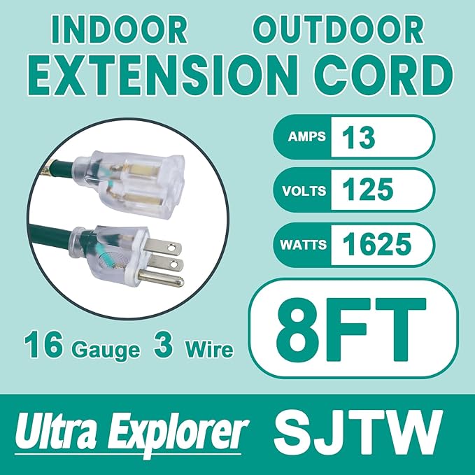 8 Ft Indoor Outdoor Green Extension Cord, 16/3 Heavy Duty Extension Cable, 3 Prong Grounded Plug with Lighted End for Appliance and Lawn, 13A, UL Listed