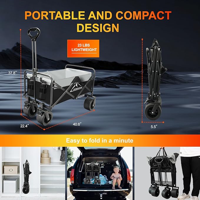 Collapsible Foldable Wagon, Utility Large Capacity Beach Wagon with Big Wheels, Shopping Wagons Cart with Side Pocket and Brakes for Sand Garden Grocery Sports Camping