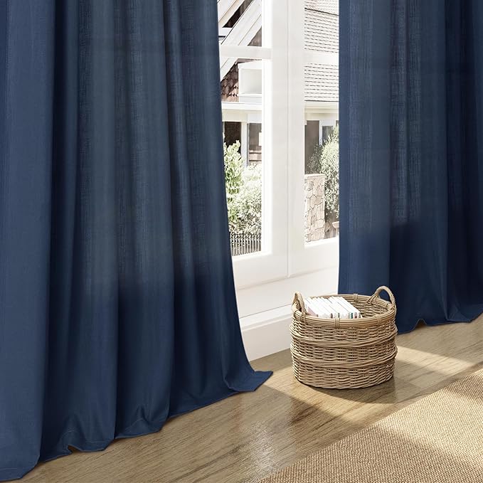 Nanspring Denim Blue Linen Curtains 96 Inches Long 2 Panels Set for Living Room Rod Pocket Back Tab Semi Sheer Light Filtering Protect Privacy Denim Blue Curtain for Bedroom Floor Length 52x96